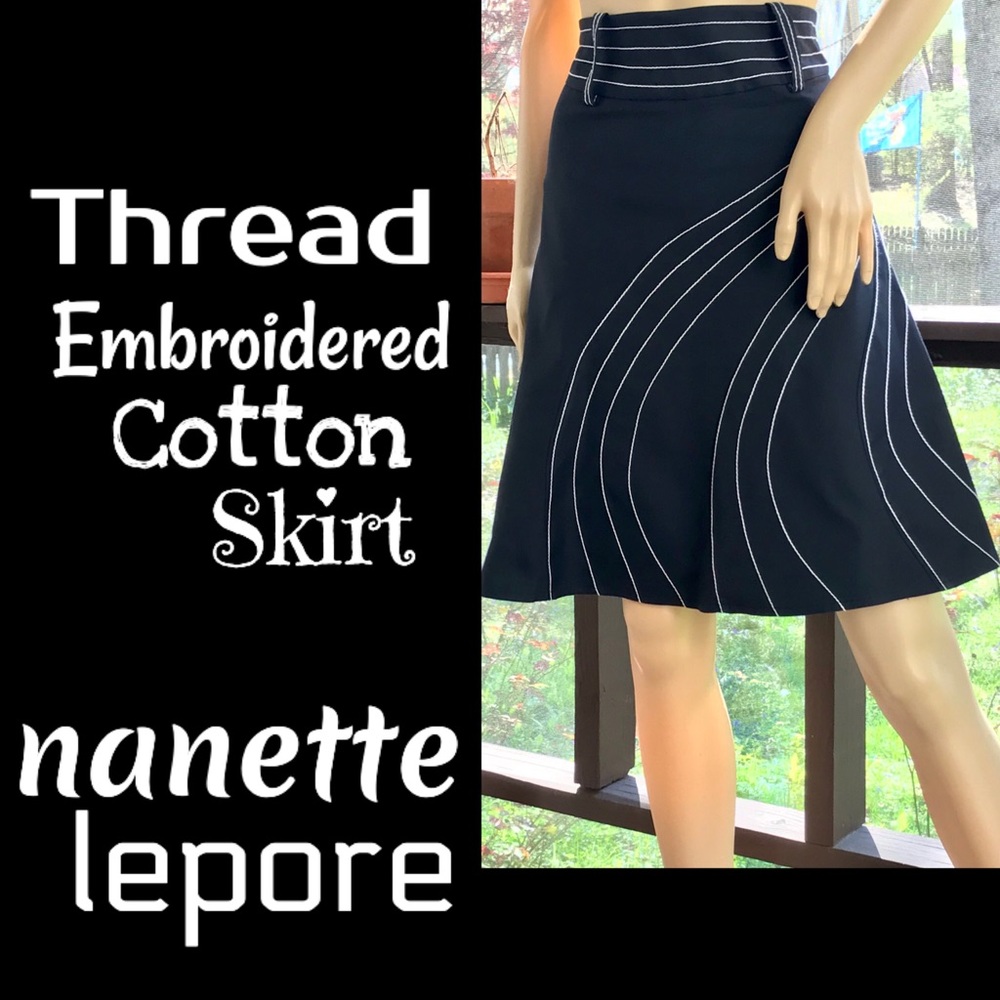 ▪️NANETTE LEPORE▪️Embroidered Cotton Blend Black & White A-Line Skirt - Picture 1 of 6